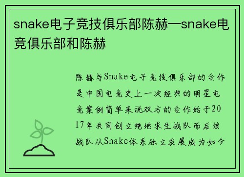 snake电子竞技俱乐部陈赫—snake电竞俱乐部和陈赫