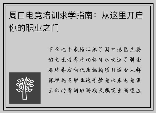 周口电竞培训求学指南：从这里开启你的职业之门